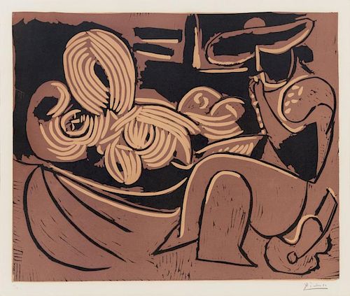 Pablo Picasso, (Spanish, 1881-1973), Femme Couch-e et Homme - la Guitare, 1959