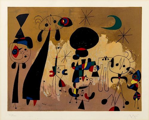 After Joan Miro, (Spanish, 1893-1983), Woman, Moon, Stars, 1950