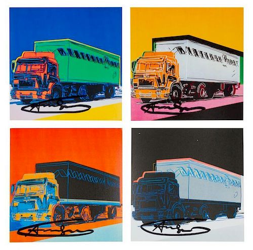 After Andy Warhol, (American, 1928-1987), Trucks, 1985 (set of 4 announcement cards with cover)