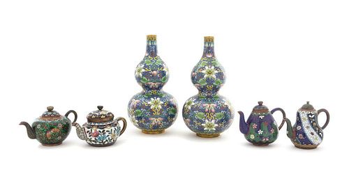 Six Cloisonne Enamel Teapots and Vases