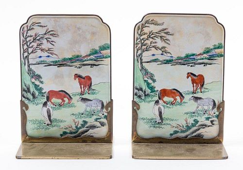A Pair of Canton Enamel on Copper Bookends