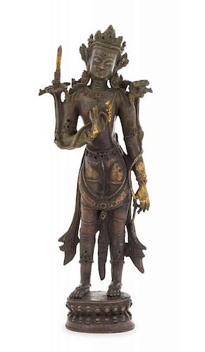 A Sino-Tibetan Parcel Gilt Bronze Figure of Bodhisattva Manjusri