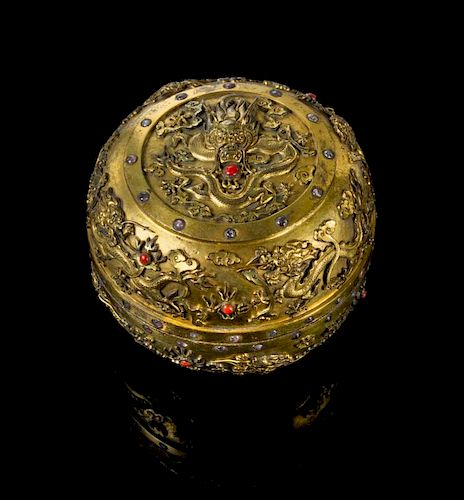 A Hardstone Inset Gilt Bronze Circular 'Dragon' Box and Cover