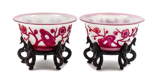 Two Red Overlay White Peking Glass Bowls Diameter of each 4 /4 inches.