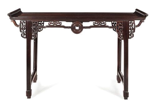 A Carved Rosewood Altar Table, Qiaotou'an Height 44 3/4 x width 73 1/4 x depth 20 1/2 inches.