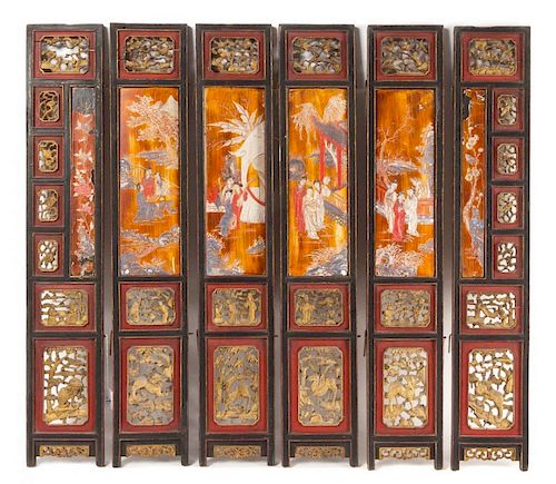 A Six-Panel Carved Wood Screen Height 33 x width of each panel 5 3/4 inches.