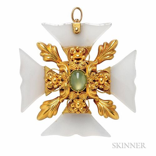 Antique Gold and Chalcedony Maltese Cross Pendant/Brooch