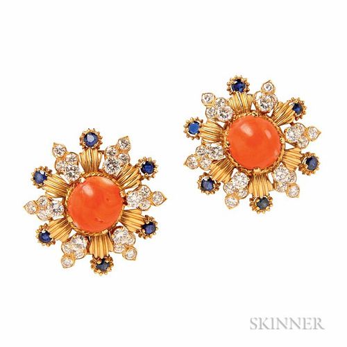 14kt Gold, Coral, Sapphire, and Diamond Earclips, Vourakis
