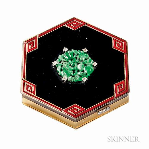 Art Deco 18kt Gold, Enamel, and Jade Compact