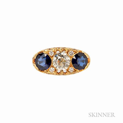 Art Deco Gold, Diamond, and Synthetic Sapphire Ring