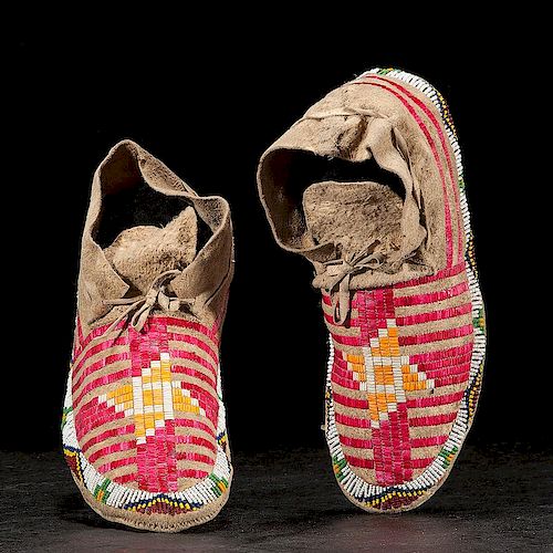 Sioux Beaded and Quill Hide Moccasins