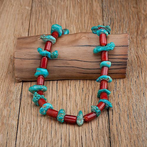 Pueblo Style Venetian Glass Beads and Turquoise Nugget Necklace