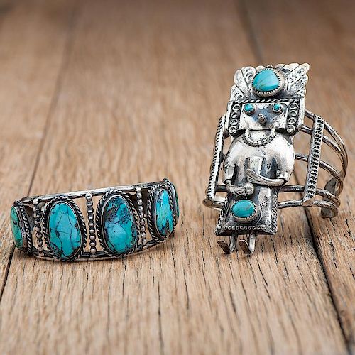 Navajo Curio Silver and Turquoise Katsina Cuff Bracelet PLUS