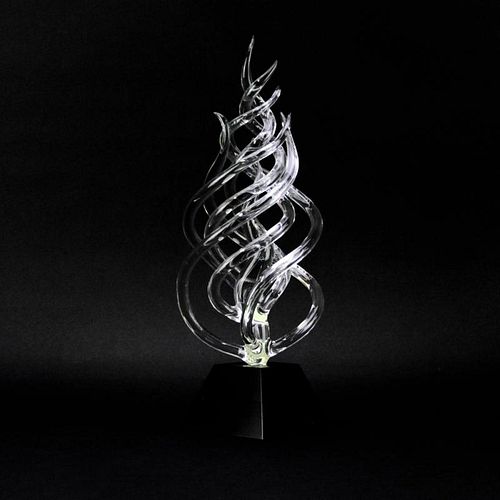 Frabel Studio Art Glass "Flame of Excellence" Sculpture Mounted on Wooden Base.