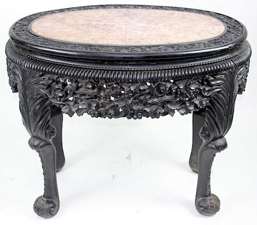 Chinese Carved Rosewood Marble Top Table