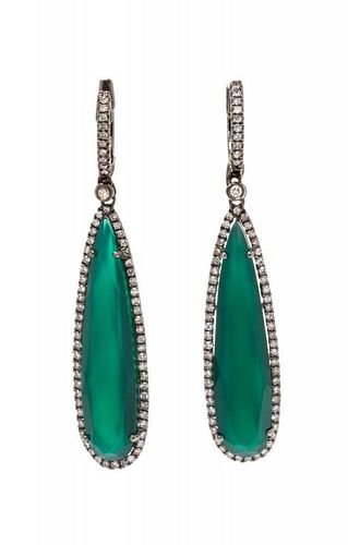 A Pair of Black Rhodium 14 Karat White Gold, Dyed Green Agate, and Diamond Drop Earrings, 4.60 dwts.