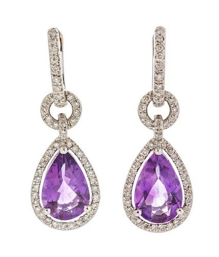 A Pair of 18 Karat White Gold, Amethyst and Diamond Earrings, 4.30 dwts.