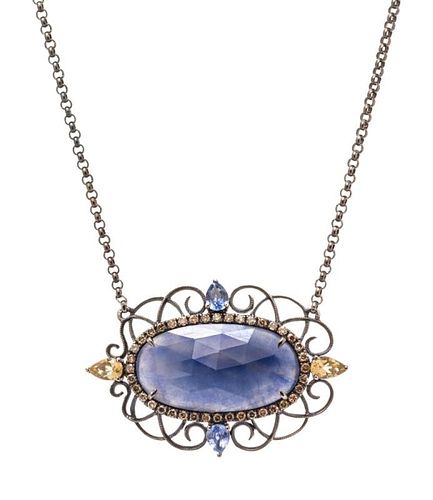 A Black Rhodium 14 Karat Gold, Multicolored Sapphire and Diamond Necklace, 5.60 dwts.