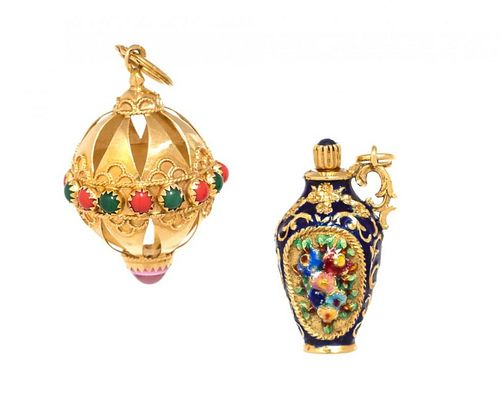 A Collection of 18 Karat Yellow Gold, Polychrome Enamel and Glass Pendants, 17.60 dwts.