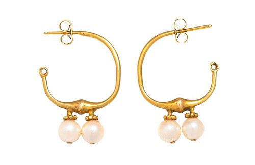 A Pair of 14 Karat Yellow Gold and Cultured Pearl Earrings, 3.10 dwts.