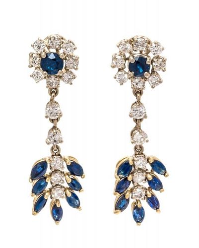 A Pair of 14K Karat Yellow Gold, Sapphire and Diamond Pendant Earclips, 5.50 dwts.
