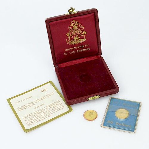 Two (2) Commonwealth of the Bahamas 1975 $50 22 Karat Gold Proof Coins with Case and Accompanying Letter, One (1) Certificate