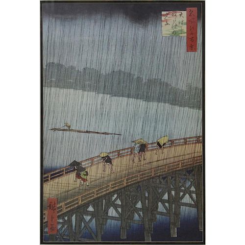 Poster of a wood block. Utagawa Hiroshige, Japanese (1917-1858) Sudden Shower Over Shin-Ohashi Bridge Color Woodblock Print.