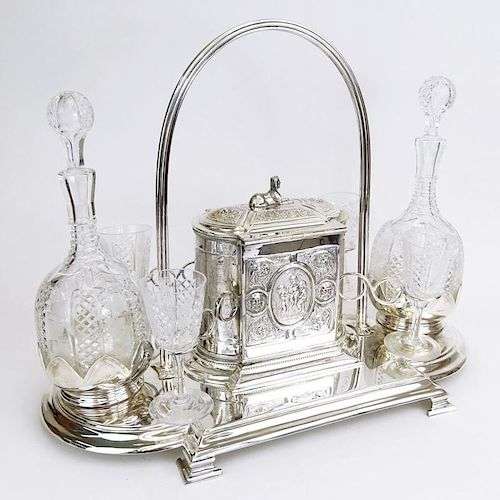 Fine Antique English Silverplate and Crystal Seven (7) Piece Decanter Set with Biscuit Box.