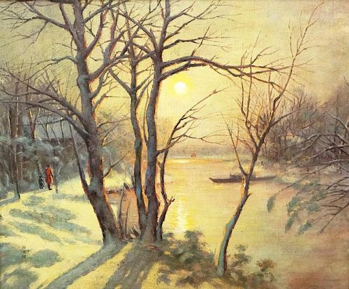 after: Yan Wenliang Chinese (1893-1990) Oil on Canvas "Cold Day at the Lake".
