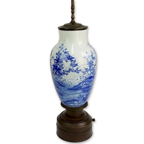 Vintage Chinese Blue and White Porcelain Vase as a Lamp on Metal Base.