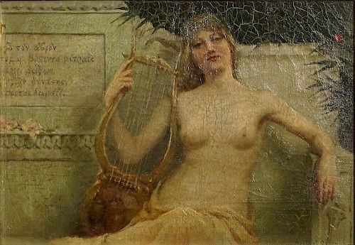 Herbert Denman, American (1855-1903) Oil on canvas, "Nude with Lyre".