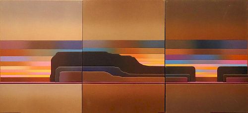 Rib Bloomfield, British (20th C) Retro 1970's Oil on Canvas on wooden relief Tryptic Painting.
