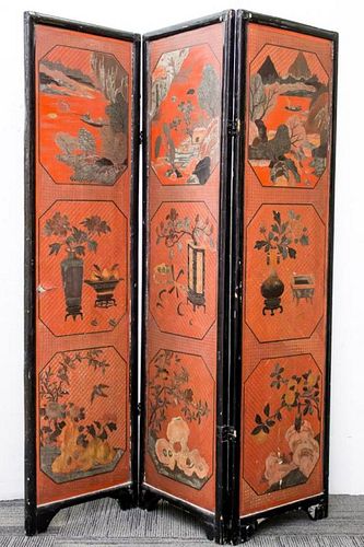 Chinese Black & Red Lacquer Folding Screen