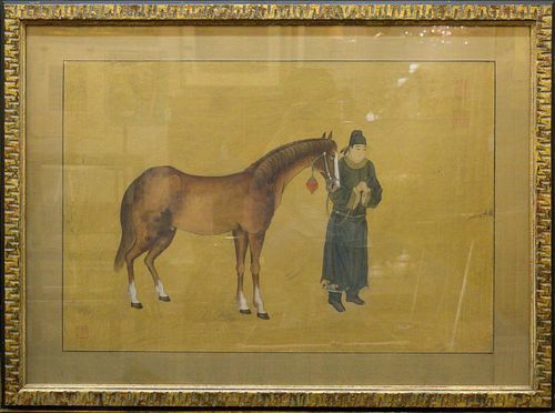 Chinese Horse & Groom Painting, Ink on Silk