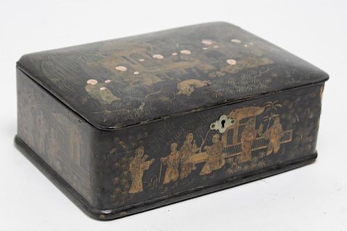 Chinese Export Black Lacquer Tea Caddy