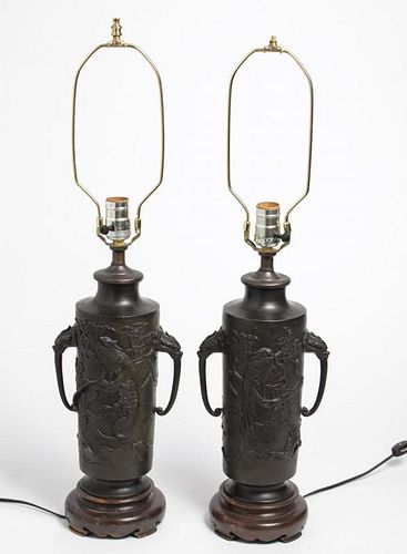 Asian Bronze Table Lamps, Pair