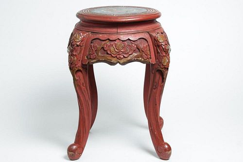 Chinese Red-Painted & Carved Low Table