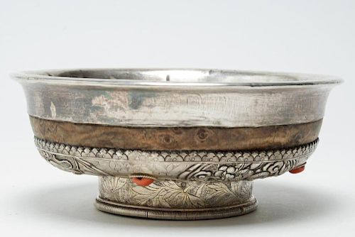 Tibetan Silver Repousse, Wood, & Coral Bowl