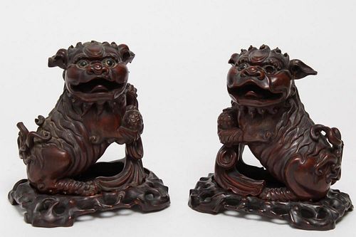 Chinese Foo Dogs, Carved Wood with Glass Eyes
