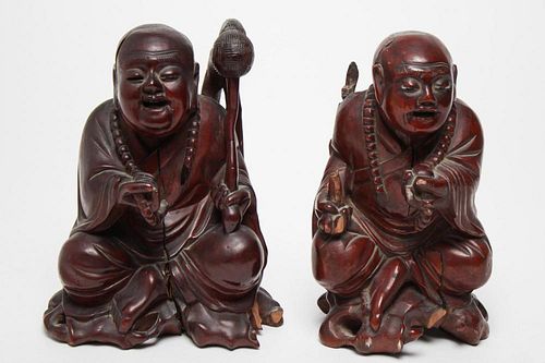 Chinese Carved Hardwood Pair of Buddhist Monks