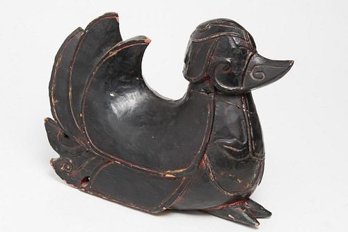 Asian Carved & Red-Stained Wood Duck Figure