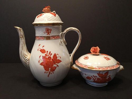 FINE Herend Teapot and flower Soup Bowl with Cover. "Chinese Rust Bouquet pattern", teapot  8 1/2" high, bowl 5 1/2" wide x 4