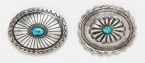 A Collection of Silver and Turquoise Concho Belt Buckles, 75.20 dwts.