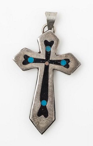 * A Sterling Silver, Brass, Black Coral and Blue Hardstone Inlaid Cross Pendant, Taxco 2.10 dwts.