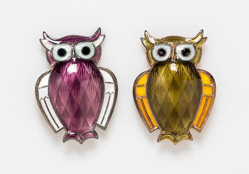 A Pair of Gilt Silver and Polychrome Enamel Owl Brooches, David Andersen, 12.20 dwts.