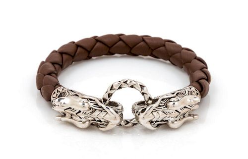 A Sterling Silver and Leather "Legends Collection Naga" Dragon Head Bracelet, John Hardy, 17.90 dwts.