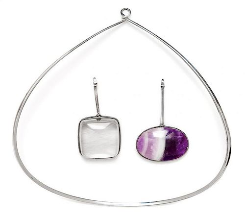 A Sterling Silver, Rutilated Quartz and Amethyst Pendants with Collar Necklace, Vivianna Torun Bulow-Hube for Georg Jensen, 6