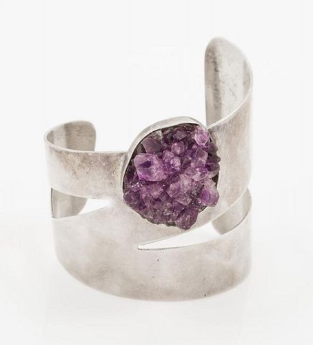 A Modernist Sterling Silver and Amethyst Cuff Bracelet, Circa 1986, 55.90 dwts.