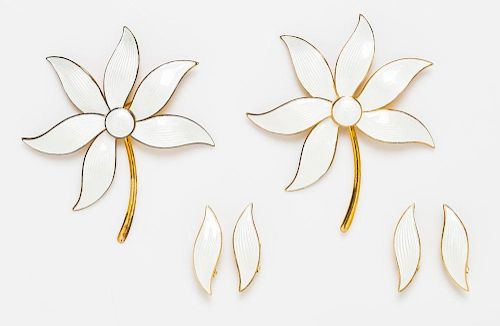 A Collection of Gilt Silver and Enamel Floral Motif Jewelry, Aksel Holmsen, 17.80 dwts.