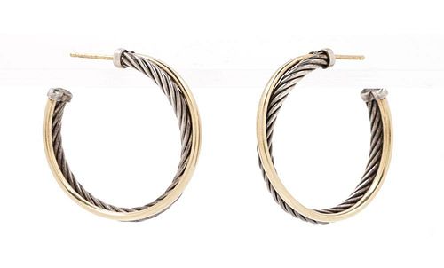 A Pair of Sterling Silver and 18 Karat Yellow Gold "Crossover" Hoop Earrings, David Yurman, 6.10 dwts.